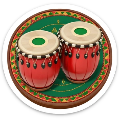 A traditional Pashto tabla (dobrai) placed on a woven mat, with cultural Pashtun patterns in the background. The tabla is wooden with leather drumheads, and vibrant traditional colors like red, green, and gold. Ethnic, folk music theme. sticker