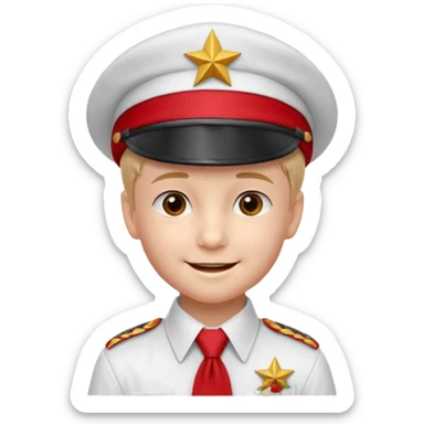 A Soviet pioneer emoji — smiling young boy wearing a white shirt with a bright red pioneer necktie and a classic red pilotka cap. The pilotka should look like a Soviet military cap, not a cowboy hat. Flat, smooth 3D shading sticker