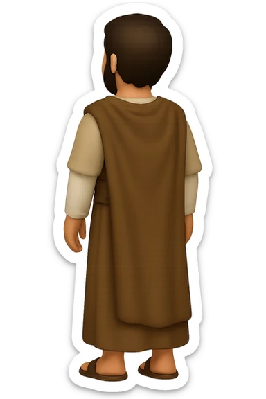 Edit the image to show a back view, centered full body, facing away, in classic emoji style. Depict apostle Peter with short hair, no hood, arms down by sides, smiling, full beard, wearing long sleeve brown clothes with beige details and a cape. No background. sticker