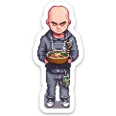 Pixel art thug in tracksuit, holding chain in Hand, bald head, angry expression, side view, retro arcade sprite 
Takes a plate of noodles in hand.  sticker