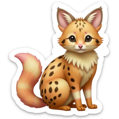 Hyper realistic  sunlit apricot-peach fur brushed with rose-gold pollen shimmer beautiful elegant pretty precious cute  Fakémon-Pokémon-opossum-feline-serval-caracal-chinchilla-Furret-Minccino-hybrid-creature with a big fluffy bushy tail (full body) sticker