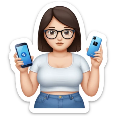 chica adolescente gordita ,pelo castaño oscuro,crop top blanco ,jeans vaqueros, espejuelos y un celular samsumg en su mano izquierda  sticker