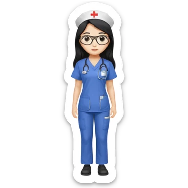 Large breasted Beautiful Asian girl with long black hair and glasses wearing nurse scrubs.  Full body picture sticker