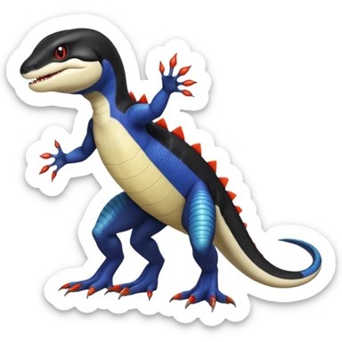 Black and white Orca-hybrid-reptile-reptilian-lizard-skink-gecko-Digimon-Fakémon-Pokémon-fusion-hybrid full body, two legs, two arms, claws, anthropomorphic, with red stripe sticker