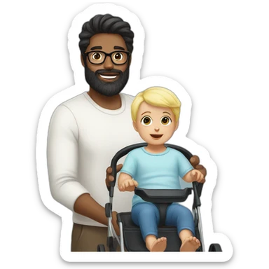 Black haired man with beard and glasses pushing buggy with blonde baby sticker