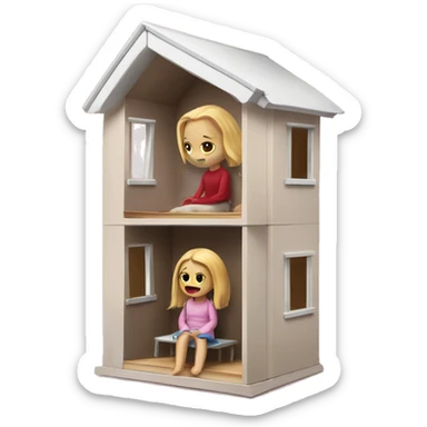 A broken-down dollhouse with a doll sitting inside, lifeless and blank-eyed sticker