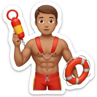 Muscular lifeguard man on beach with rescue buoy and whistle brown hair sticker