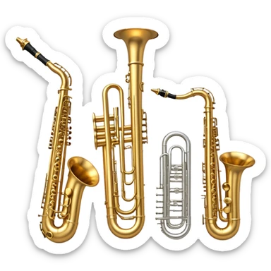 Create a professional and elegant emoji collage symbolizing wind instruments, using a combination of copper, white metal, and black wood. The design should feature iconic instruments like a trumpet, saxophone, tube, oboe, and horn. Each instrument should be represented with its key elements clearly visible.
Each instrument should be designed with realistic textures, including the gleam of metal and the deep, rich tone of black wood. Arrange the instruments in a balanced and harmonious way, making sure the elements are easily recognizable. Use metallic gold, silver, and copper tones with black wood accents. The background should be transparent to highlight the instruments. sticker