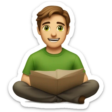 a light-skinned green-eyed man with brown hair sitting in front of the paper scroll  sticker