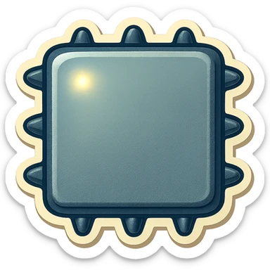 Make all spikes on the side edges of the metal slab short, fat, and triangular. Each spike should point directly up, down, left, or right (perpendicular to the edge it is on). Keep the head-on view, retro sticker style, and transparent background. sticker