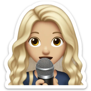 a girl with brown hair layered long hair, hazel eyes, pale skin, dark lips, singing into a microphone sticker
