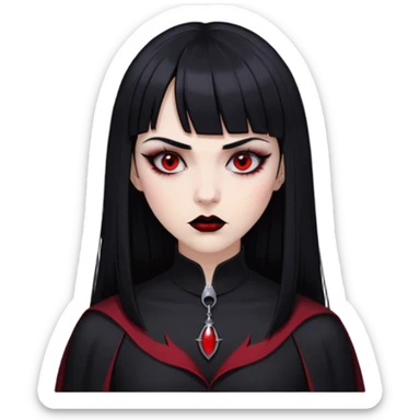 pale woman with black long straight black hair red sleepy eyes with black eyeliner black lipstick vampire teeth straight short bangs serious expression with thin black eyebrows nose piercing black clothe  sticker
