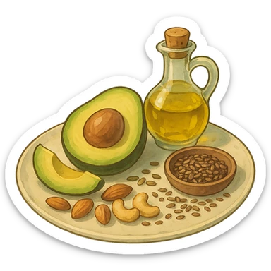 plate with avocado, nuts, olive oil, and seeds in ghibli style sticker