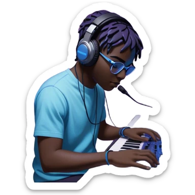 Create a professional and artistic emoji that represents sound design. The design should feature essential sound design equipment, including a high-end Korg synthesizer, a sound mixing console with visible wires, large studio speakers, and a microphone. Surround the equipment with flowing, abstract sound waves and musical notes to symbolize the fluid, creative nature of sound design. Add subtle effects like glowing sound frequencies or swirling patterns to represent the dynamic manipulation of sound. Use sleek, modern colors like black, silver, neon blue, and purple to evoke a sense of innovation and artistic exploration. The background should be transparent. sticker