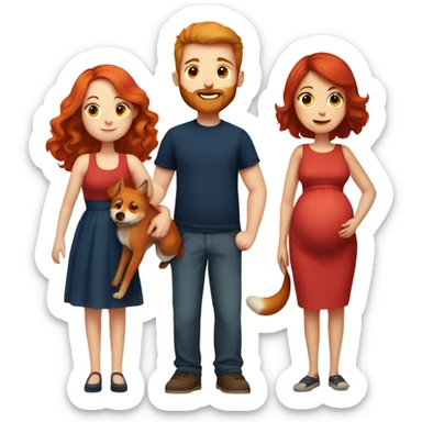 Girl with red hair wearing red dress, holding tummy pregnant, with a boy who is tall, navy shirt with short beard, holding a fox looking dog sticker