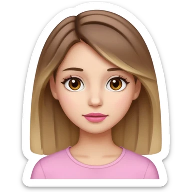 A girl with fair skin, wide brown eyes, medium-length brown hair with blonde highlights, light blush on the cheeks, and pink lipstick, in emoji/cartoon style sticker