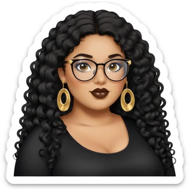 big plus size, latina, darker tan skin, long black curly hair, baddie,pretty, makeup, lipgloss, black eyeliner, long hair, small gold earrings, black top, black glasses sticker