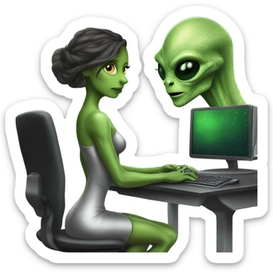 Green Alien reptilian woman in silver dress, full figure, working at computer  sticker