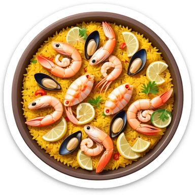 cinematic-realistic-paella-dish-emoji,-depicted-as-a-vibrant,-aromatic-rice-dish-loaded-with-seafood,-chicken,-and-saffron-rendered-with-rich-textures-and-dynamic,-warm-lighting with a lemon slice in the middle sticker