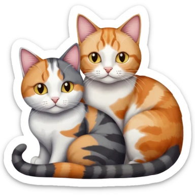 two cats in love, a colourful light patched calico + white tabby cat cuddling a bigger cat that is dark grey and white tabby cat sticker