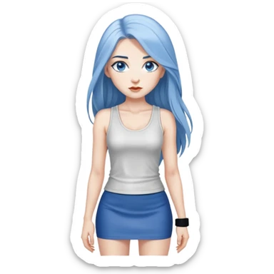 hyperrealist caucasian, long blue hair, blue eyes, woman, white decollette tank top, gray tight mini skirt, black high heels, frontal view sticker