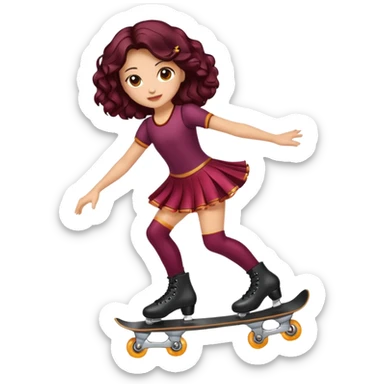 Una patinadora de 12 años y es morena de pelo y lleva un mallott granate con brillos y esta patinando con patines de ruedas en linea y su piel es clara y el pelo es largo negro ondulado e mallot tiene falda sticker