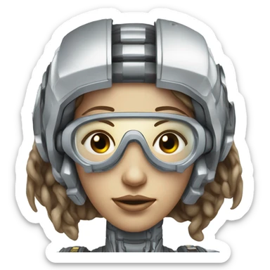 female cyborg head, fair skin, Brown long hair with blonde steaks, space age goggles and circuits sticker