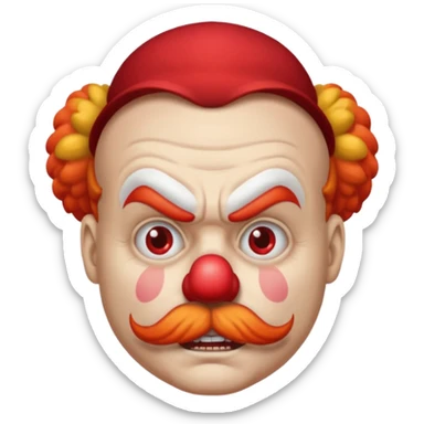 Angry clown — furrowed brow, mustache, tiny hat. sticker