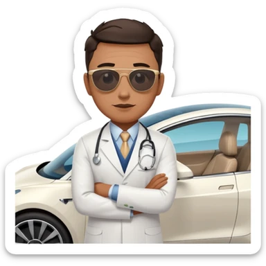 White tesla model 3 with a cool physician with sunglasses next to it sticker