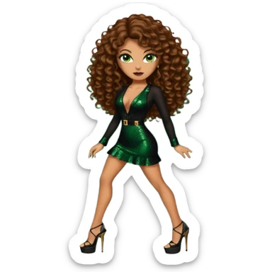 green eyes brown long curly hair woman, mafia boss style with 7 inch platform stripper high heels black glitter dress, Los Angeles Spanish style black outfit sticker