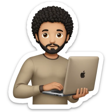 men holding his computer in hands. light brown skin men with curly black hair, dark brown eyes, little grown beard. ust a tiny bit muscular. dressed casual. round face. Dont Apple book  sticker