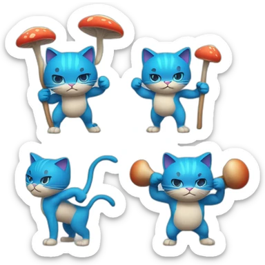 Strong muscles Blue cat NO ears wearing a mushroom cap carrying a stick in one arm standing on two legs with pants sticker