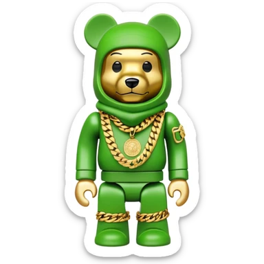 geometric bearbrick with lime balaclava filled with street brand logos graffiti style, wearing multiple heavy gold chains, cuban links and gold medallion, hip hop style sticker