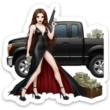 Lilith symbol red eye seductress evil long brown haired sexy succubus woman with leather long dress with slit, sitting in Big Large F350 pickup truck. Black Platform high heels on feet. Back of truck full of stacks of cash, and a man human skull with a gun in other hand sticker