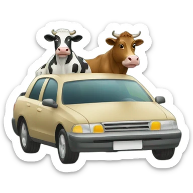 Two cows driving in a car sticker
