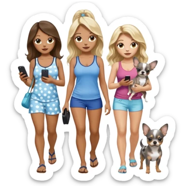 Three pretty women in beach clothes walking 2 dogs, blue and gray spotted Merle Frenchie and walking a black and tan chihuahua puppy, holding iPhone, hazel eyed light skin with dark blonde long hair and light light skin hazel eyed long wavy brown hair, blue eyed light skin long blonde hair  sticker