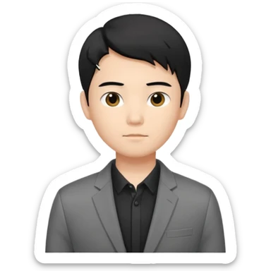 asian young man with black hair middle part haircut in grey blazer and black t-shirt  sticker