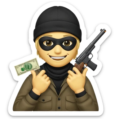 smiley robber wears black eye mask and black beanies with one money bag beside his right side sticker