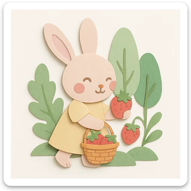 Polish the image for a cleaner, higher-quality look while keeping all design elements unchanged. Bunny picking strawberries in the woods, sweet pastel red, paper-craft style, soft pastel color, transparent background. sticker
