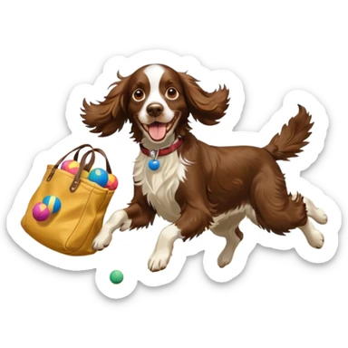 brown English springer spaniel jumping for joy on a Northumberland beach with a bag of balls sticker