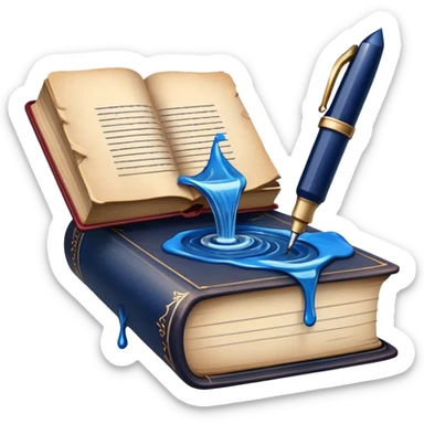 Create a vibrant emoji representing prose writing with an old-style, antique look. The design should include semi-turned pages of an old book with unfinished prose written on them. Add a vintage ink bottle (inkwell) and a classic fountain pen or quill with black or dark blue ink flowing onto the pages. Use warm, earthy tones like deep browns, golds, and creams for the book and ink bottle, with subtle ink splatters for an artistic touch. The overall style should evoke a sense of timeless storytelling and literary craftsmanship. Make the background transparent. sticker
