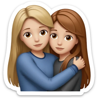Two girls are hugging. One has dirty blonde hair with a little reddish in it. She has also grey eyes. Her hair is long and straight. The other girl has dark brown hair with hazel eyes sticker
