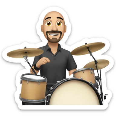 draw a bald mexican drummer with  goatee beard, widely smiling and enthusiastically playing drums during a live stream. The logo "JAVI IDA" should be visible in the background. sticker