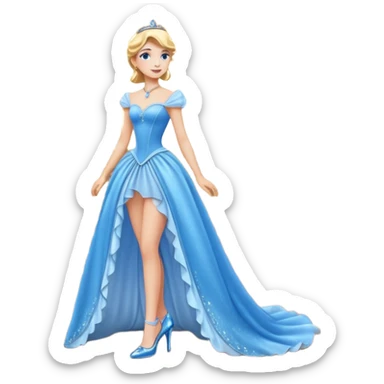 A modern princess stands on a glowing palace staircase at twilight, inspired by Cinderella. She wears a shimmering blue gown and glass heels. sticker