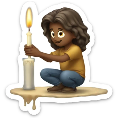 Squatting boy with long hair pouring alcohol in a candle sticker