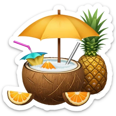 A tropical cocktail served in a coconut shell with a mini umbrella and pineapple.
 sticker