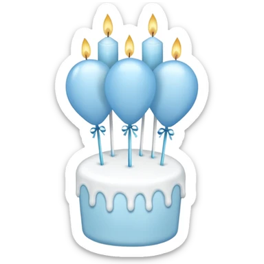 Please make some balloons that are light blue, and place a small cake underneath them. Make the balloons long and make more balloons. sticker