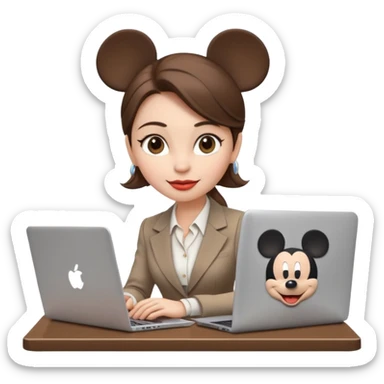 Women in front of one laptop that has a Mickey sticker on it, with a happy face, face fuller, lips plump, full eyebrows, dirty brown hair, light brown big eyes, light pale skin with a iced coffee on the side, business attire, who is typing sticker