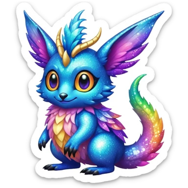 Colorful cute fuzzy realistic glittery Randomly-faerie-drake-colored sparkly exotic Fakémon-creature sticker