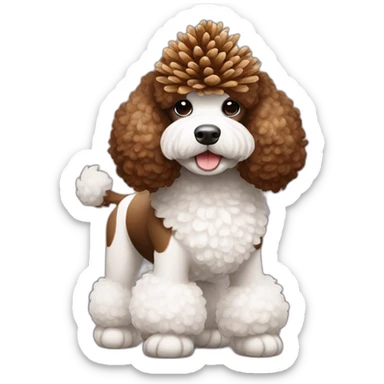 brown and white poodle standing with pinecone sticker